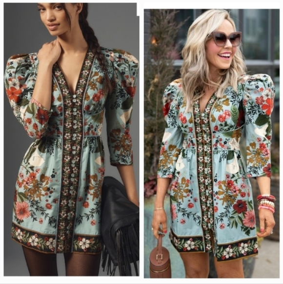 Free People Dresses & Skirts - FARM Rio Light Blue Floral Puff-Sleeve Mini Dress